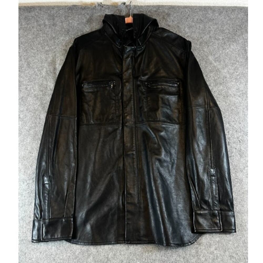 Kenneth Cole New York Leather Moto Jacket Hooded Men Large Full Zip Biker Grunge